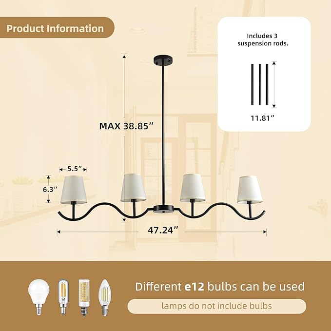 4-Light Linear Chandelier, 47"Black Farmhouse Light Fixture for Dining Room Kitchen Island, Modern Pendant Lighting with Fabric Shades, Adjustable Height Kitchen Island Light Fixture,E12 Base