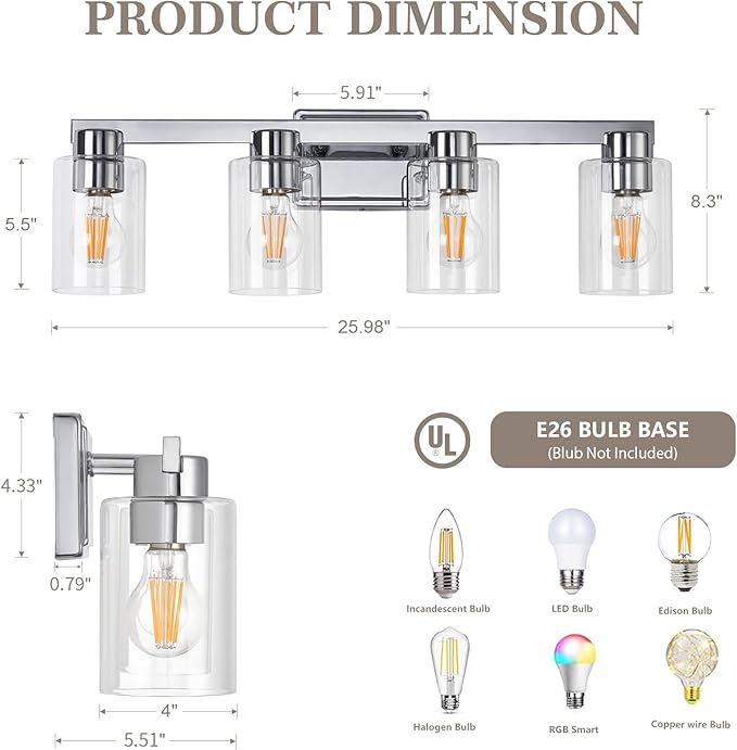4-Light Bathroom Light Fixtures Modern Chrome Vanity Lights with Clear Glass Shade 26 Inch Wall Sconces Over Mirror for Bathroom,Powder Room, Living Room