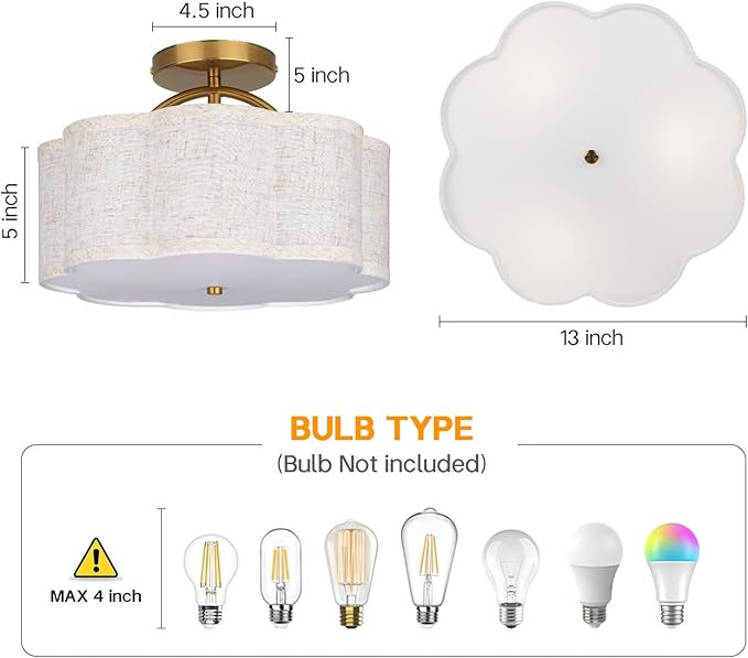 Semi Flush Mount Ceiling Light, 11.8" Modern 3-Light Fixture with Petal-Shaped Cream Beige Linen Shade and Golden Support Arm, Ideal for Bedroom, Kitchen, Living Room, Hallway, and Entryway
