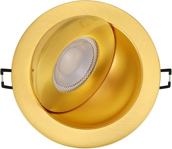 POPANU 4 inch LED Recessed Light - 9W Gold Gimbal Recessed Lighting Canless Soffit Swivel Eyeball 90° Tilt Wafer Slope Ceiling Adjustable Spotlight Dimmable for Accent Lighting Gold 6 Pack