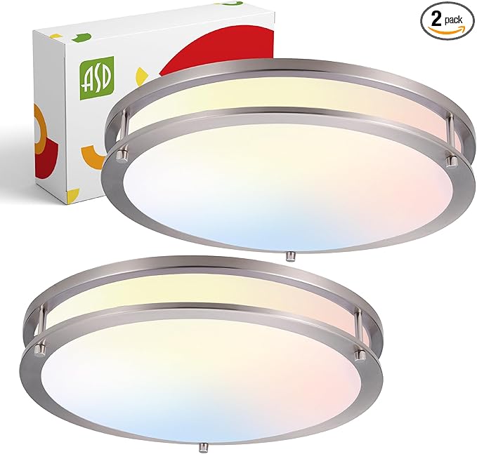 ASD LED 16" Round Flush Mount Lighting, Close to Ceiling Light Fixture | 3CCT, Dimmable, Energy Star, ETL Listed | 24W 2118LM 3000-5000K 100-277V | Low Profile Double Ring Lamp | Nickel, 2 Pack