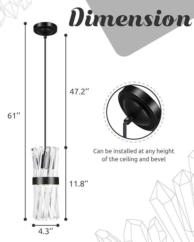 Ken & Ricky Crystal Pendant Light 3 Pack,Black Industrial Island Lights for Kitchen, Hanging Light Fixture, Adjustable Small Chandelier for Dinning Room Bathroom Bedroom