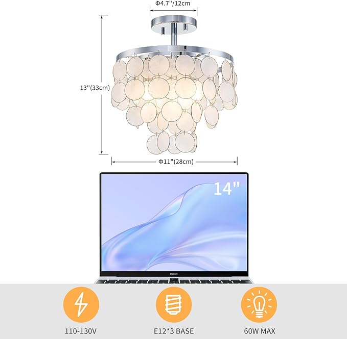 D11 inch Capiz Shell Ceiling Light, 3-Light Coastal Design Semi-Flushmount Light Fixture for Dining Room, Hallway, Bedroom, D11xH13 in, True Shell Pendants& Chrome Finish Frame