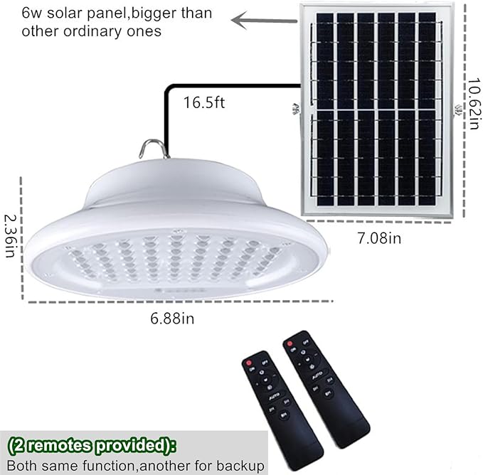 HULPPRE Solar Shed Light-Daytime or Night,96Leds Brighter White Solar Light Indoor&Outdoor with 2 Remotes,IP65 Barn/Chicken Coop/Workshop/Ceiling/Pendant Lamp for Patio,Garden,Yard,Gazebo