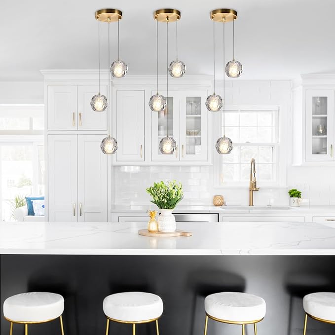 3 Lights Pendant Lighting, Bubble Crystal Pendant Light Fixture Brushed Brass for Dining Room, Modern Cluster Pendant Island Hanging Light for Kitchen