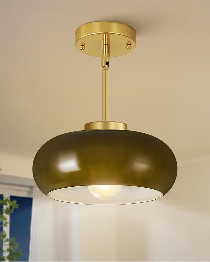 Yunnix Semi Flush Mount Ceiling Light, Gold Light Fixture, Mid-Century Modern Farmhouse Green Glass Small Light Fixtures for Hallway, Bathroom, Kitchen, Bedroom, Living Room, Closet, Laundry