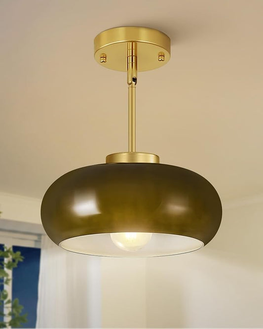 Yunnix Semi Flush Mount Ceiling Light, Gold Light Fixture, Mid-Century Modern Farmhouse Green Glass Small Light Fixtures for Hallway, Bathroom, Kitchen, Bedroom, Living Room, Closet, Laundry