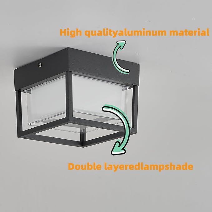 Outdoor Ceiling Porch Light LED Flush Mount for Wall or Ceiling, Square Exterior Wall Lamp for Front Porch,Garage, Hallway, Patio, 3000K, 15W, 6.3inch(Black)