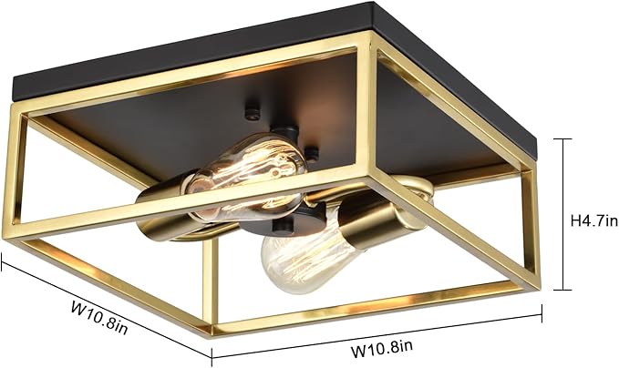 Treekee 11" Ceiling Light Fixtures, Flush Mount Lighting Square, Gold Metal Finish, Vintage Retro and Modern Industrial Charm Ceiling Lamp for Bedroom Hallway Foyer Entryway
