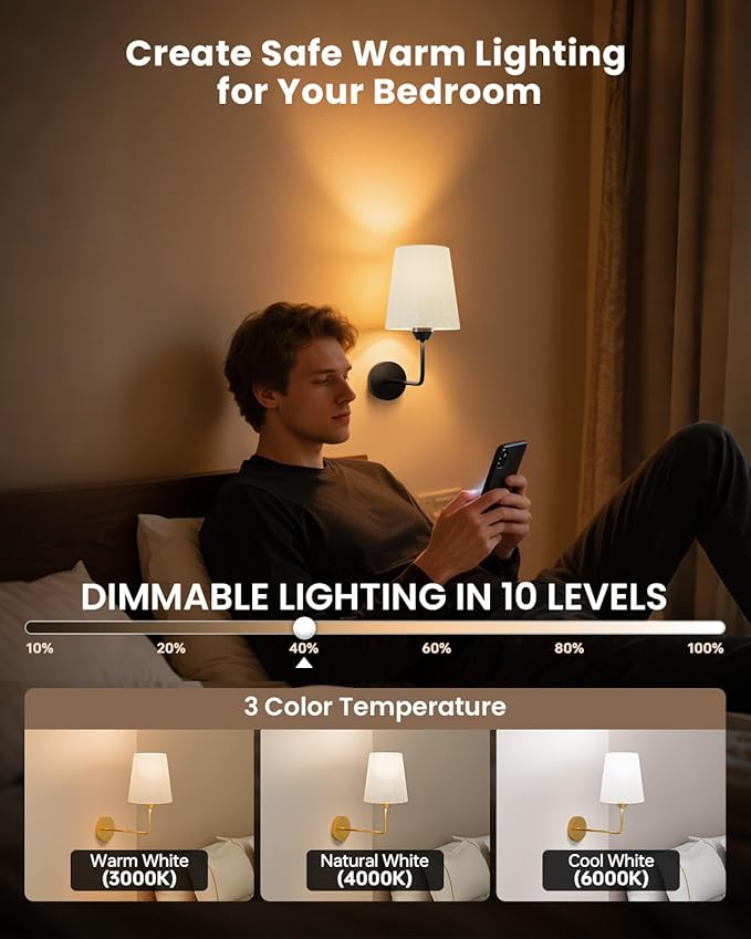 Wireless Wall Sconces Set of 2 Battery Operated, Black Wall Light Rechargeable with 5200mAh RGB Dimmable Flash Mode Led Bulb and Remote Timer, Cordless Wall Lamp Decor for Bedroom Living Room Hallway