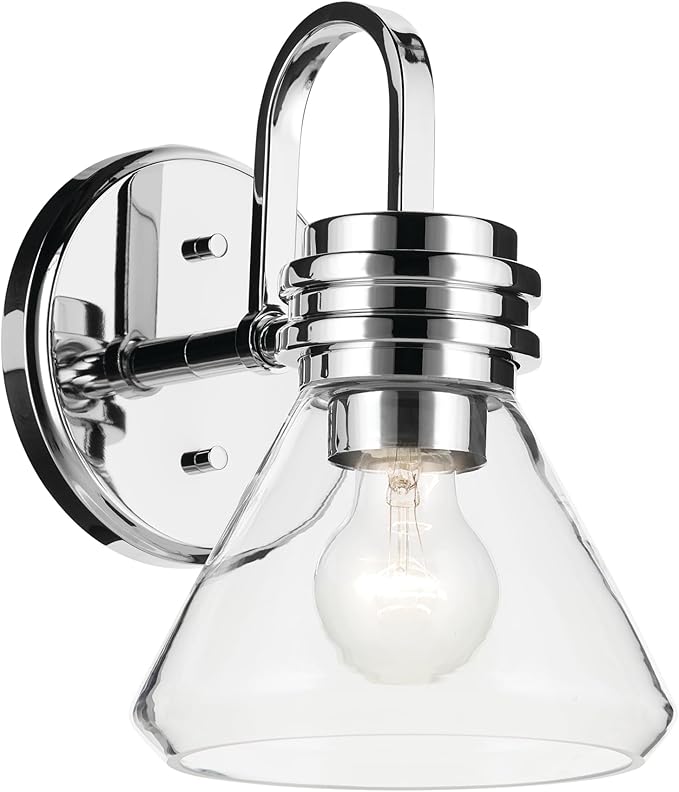 Kichler Farum 7.25" 1-Light Wall Sconce with Clear Glass in Chrome for Bathroom Vanity Light, Kitchen, Bedroom, Hallway, or Fireplace (7.25" W x 9.5" H) 55153CHCLR