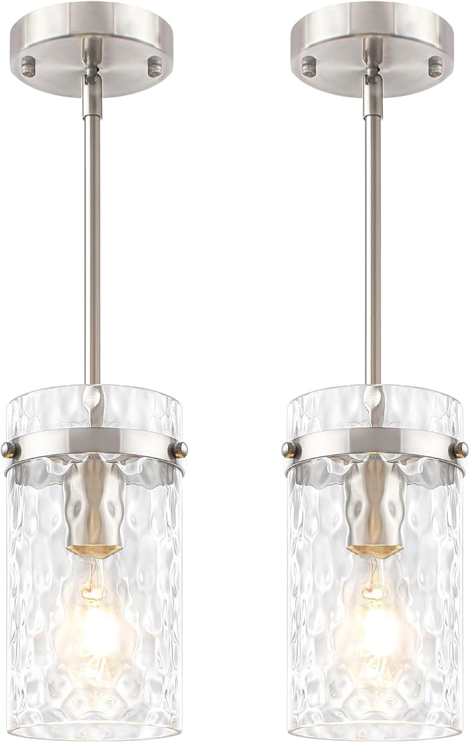 2 Pack Brushed Nickel Pendant Lighting for Kitchen Island, Modern Hand-Blown Glass Kitchen Hanging Light Fixtures Over Island Adjustable Mini Pendan Lights for Hallway Entryway Bathroom Dining Room