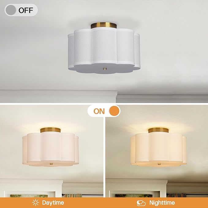 Modern Flush Mount Ceiling Light,3-Light Nursery Light Fixture with Petal-Type White Fabric Shade,12.6 Farmhouse Drum Ceiling Light Fixture for Bedroom Living Room Kitchen Hallway