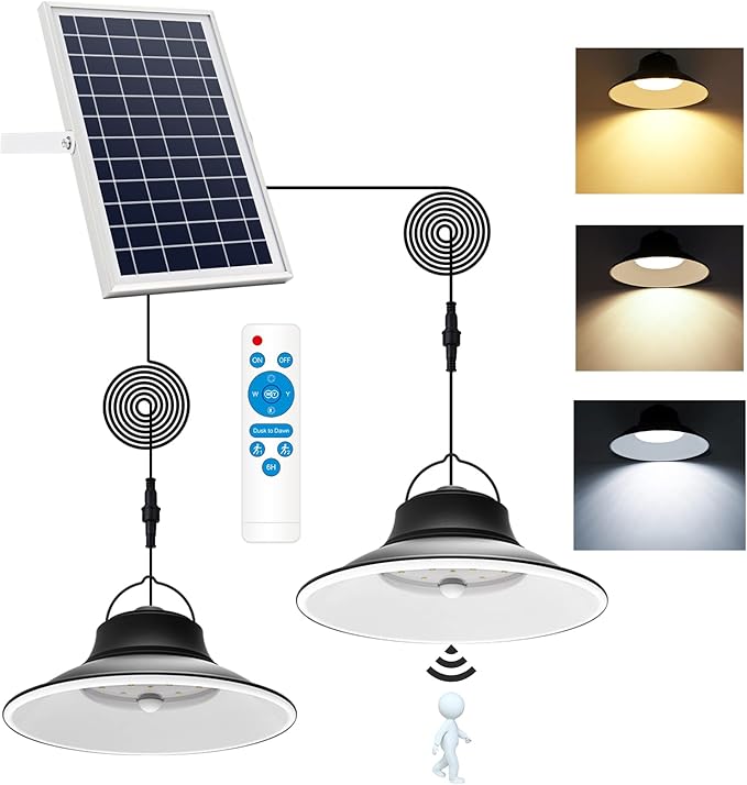 NIORSUN Solar Pendant Light, Upgraded Motion Sensor Light Outdoor Solar Lights Indoor Dimmable with Remote 3000K/4500K/6000K, 2x16.4ft Cable IP65 Waterproof for Shed, Barn, Gazebo, Patio(2 Pack)