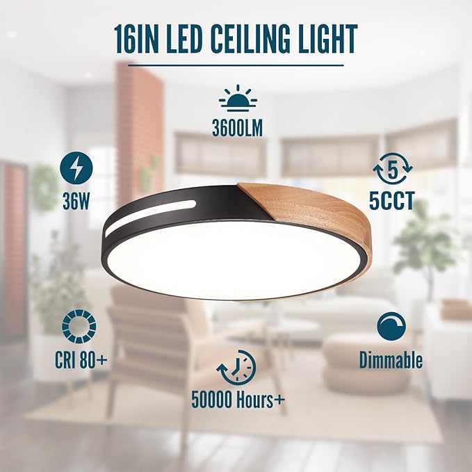 Wood Ceiling Light Flush Mount LED 36W, 16 inch Flush Mount Black, Kitchen Light Fixtures Ceiling Mount, Dimmable Close to Ceiling Light for Bedroom, Living Room, Bathroom