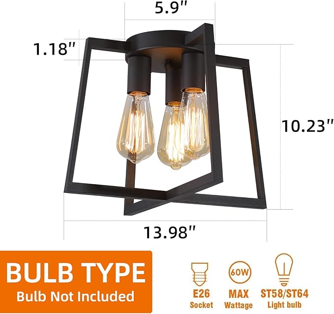 3-Light Ceiling Light Fixture,Modern Black Semi Flush Mount Chandelier,Farmhouse Industrial Ceiling Lighting for Kitchen Dining Room Bedroom Living Room Entryway Hallway Foyer