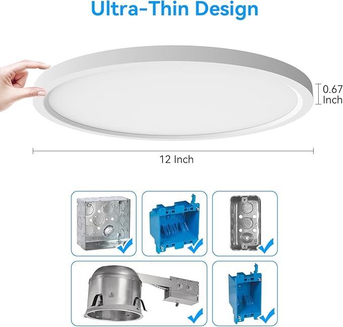 Aialun 12 Inch Led Flush Mount Ceiling Lights, 16/20/24W, 2700K-6500K 5 Color Selectable Dimmable Ceiling Light, 0.67" Super Slim Close to Ceiling Light fixtures for Bathroom, kitchen, Hallway, 1 Pack
