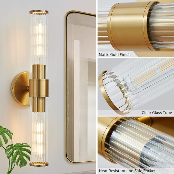 Bathroom Light Fixtures, Gold Wall Sconce in Threaded Glass Indoor Wall Sconces, Modern Bathroom Vanity Light Up and Down Sconces Wall Lighting for Living Room, Hallway - Bulb Not Included