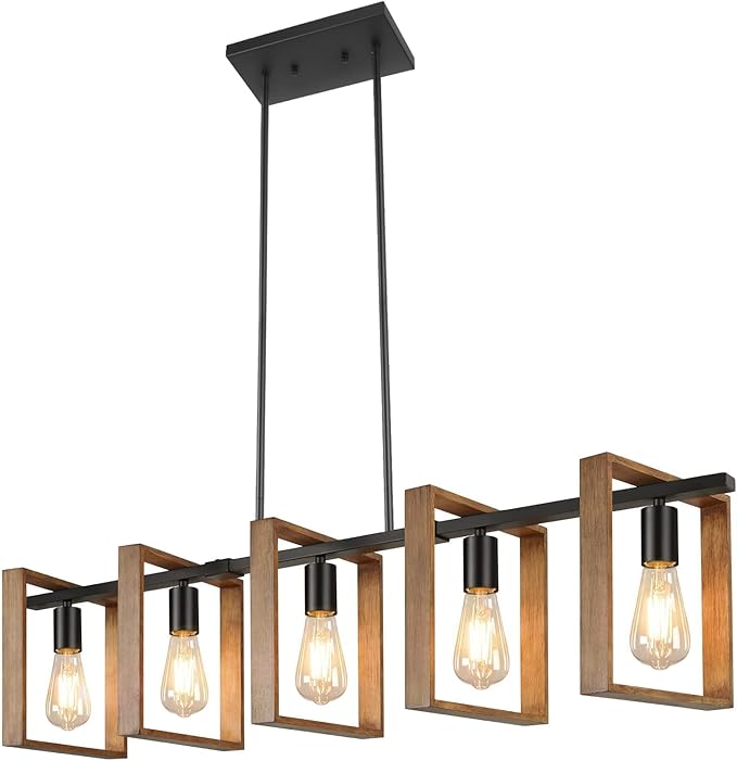53’’ Farmhouse Kitchen Island Lighting, 5-Light Adjustable Dining Room Light Fixtures, Rustic Wood Chandeliers Black Hanging Light Fixtures for Kitchen, Pool Table Lights, Bulbs Not Included