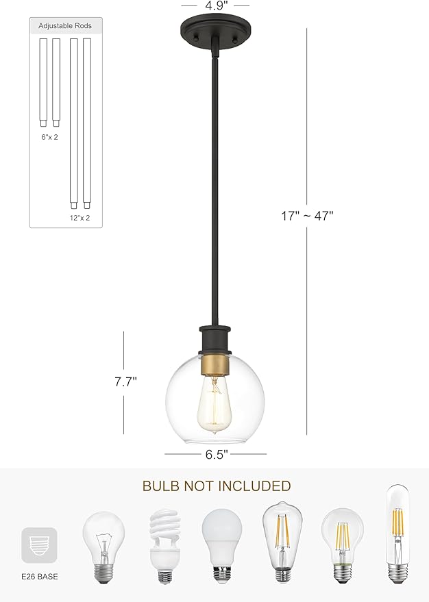 Tawson Black and Gold Pendant Light, Modern Globe Pendant Light, Island Pendant Lights with 6.5 inch Clear Globe Glass Shade for Kitchen Island, Hallway, Entryway, Dining Room, Bedroom