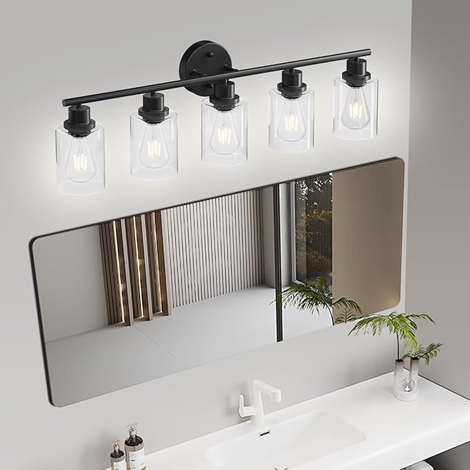 5-Light Black Bathroom Vanity Lights, E26 Modern Bathroom Light Fixtures with Clear Glass Shade, Mirror Kitchen Hallway Cabinet Living Room Sconces Wall Lights