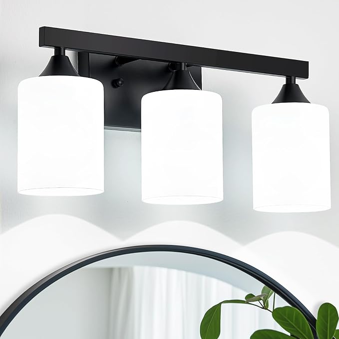 ZHU YAN Black Bathroom Vanity Lights,3-Light Bathroom Light Fixtures Over Mirror with White Frosted Glass Shades,Wall Lamp Vanity Lights for Mirror Living Room Bedroom E26 Socket