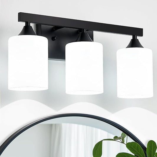 ZHU YAN Black Bathroom Vanity Lights,3-Light Bathroom Light Fixtures Over Mirror with White Frosted Glass Shades,Wall Lamp Vanity Lights for Mirror Living Room Bedroom E26 Socket