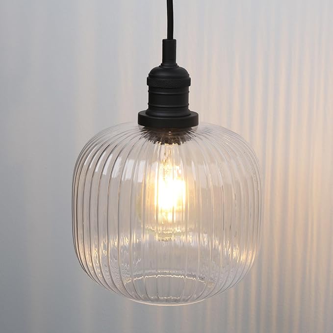 Pathson Modern Pendant Light Fixture Striped Globe Glass, Adjustable Textile Cord Hanging Lighting, Hardwired Pendant Lamp Decor for Dining Room Hotels Living Room Bedroom Kitchen