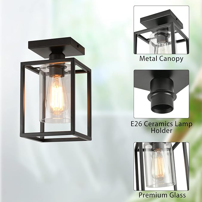2 Pack Semi Flush Mount Ceiling Light, Black Metal Frame with Clear Glass Shade, Farmhouse Light Fixture for Kitchen, Island, Entryway, Porch, Foyer, Dining Room