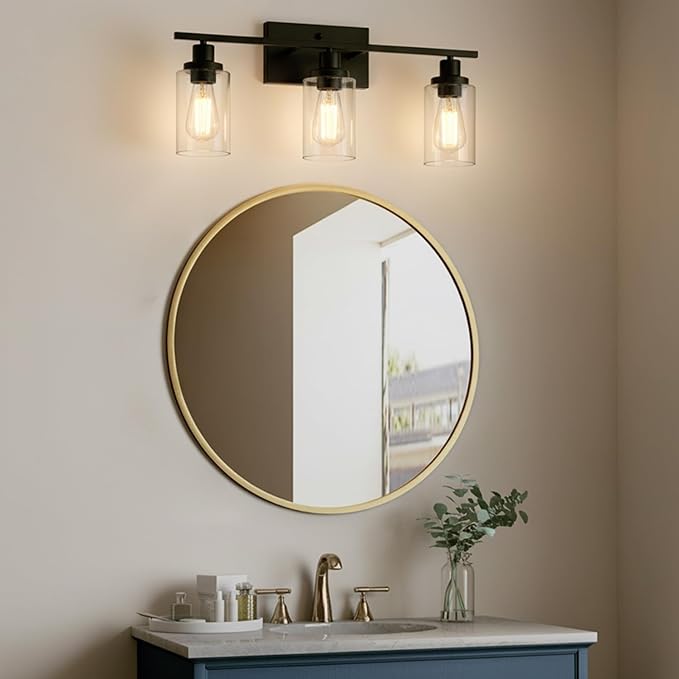 MELUCEE Bathroom Vanity Light Fixtures 3 Lights Wall Sconce Black with Clear Glass Shade for Bedroom Living Room Hallway Kitchen (Patent No.: US D963914 S)