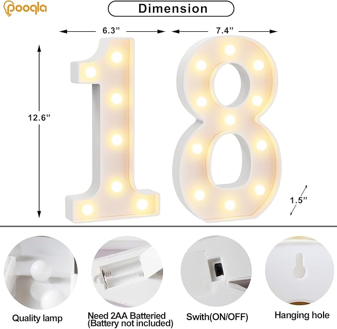 Pooqla 18th Birthday Decorations for Girls Boys, Large 12.6 in Tall Light Up Numbers for 18th Party Decorations Table Decor, Big Marquee Numbers 18th Birthday Gift for Girls Wedding Anniversary Decor