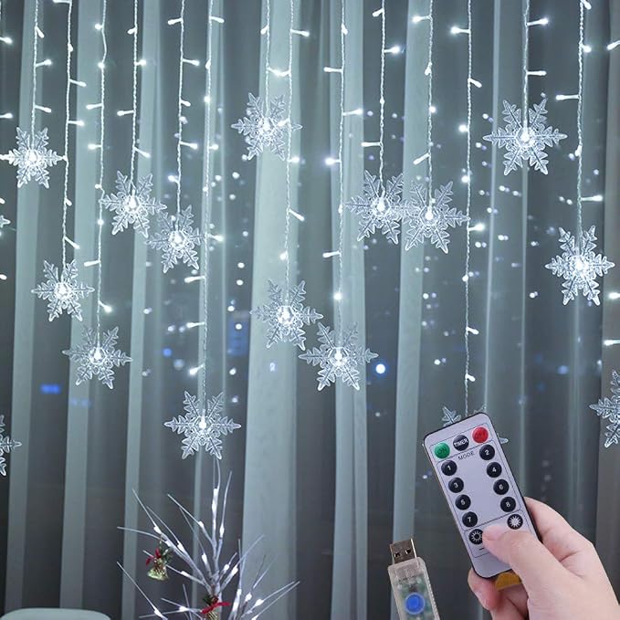 Lainin 12ft/3.5M USB Powered 8 Modes Snowflake Curtain Night Light Icicle Fairy String Light, Perfect for Christmas Wedding Holiday Garden Indoor/Outdoor Party Decoration - White