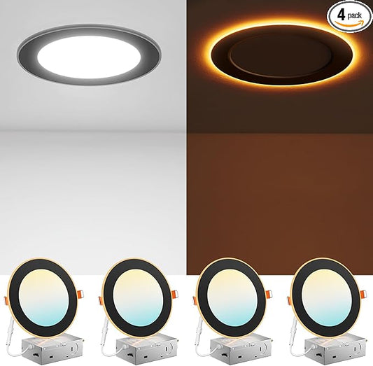 Amico 4 Pack Black 6 Inch 5CCT LED Recessed Ceiling Light with Night Light, 2700K-5000K Selectable Ultra-Thin Recessed Lighting, 12W=110W, 1100LM, Dimmable Canless Wafer Downlight ETL&FCC