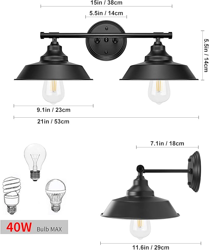 GoYeel Bathroom Light Fixtures 2 Light - 21" Matte Black Vanity Lights for Mirror Rustic Industrial Bathroom Wall Light Fixtures, E26 Bubes