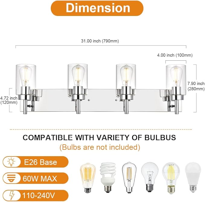 VINLUZ Modern Bathroom Lighting with Clear Glass Shade 4-Light Vanity Light Fixtures Chrome Finished Industrial Wall Light Sconces for Bedroom Hallway (Patent No.: US D958,438 S)