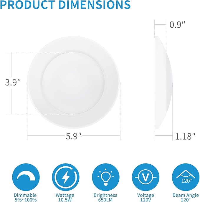 ECOELER 4 Inch LED Disk Light, Dimmable Flush Mount Ceiling Light, 10.5W 650Lm, 3000K Warm White, Aluminum Baffle Trim, Wet Location, ETL&Energy Star, 4Pack