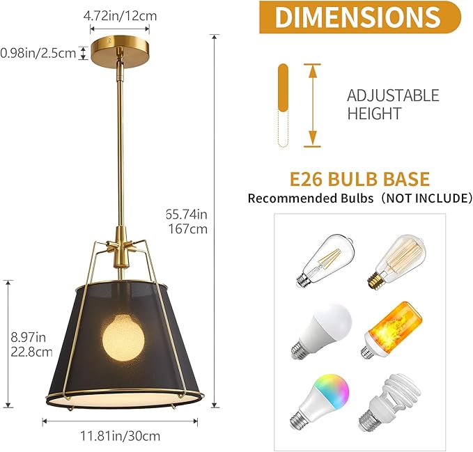Modern Pendant Light Fixtures with 13" Black Linen Fabric Shade, Adjustable Hanging Light Fixture,Drum Gold Vintage Chandelier for Kitchen Island Bedroom Dining Room Foyer Entryway