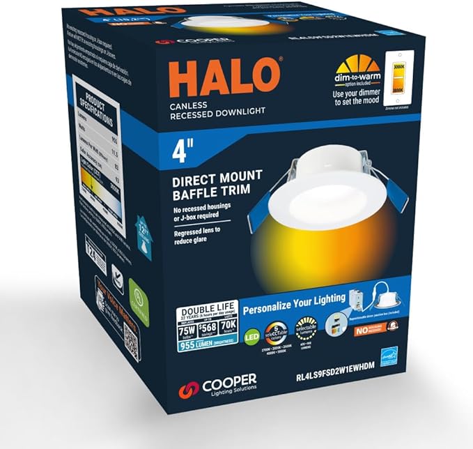 HALO RL 4 in Canless LED Recessed Lighting Downlight with Selectable Color Temperature 2700K-5000K Selectable Lumen 600/900 Dimmable IC Rated Wet Rated Indoor Outdoor Ceiling Light RL4069FSD2W1EWHDM