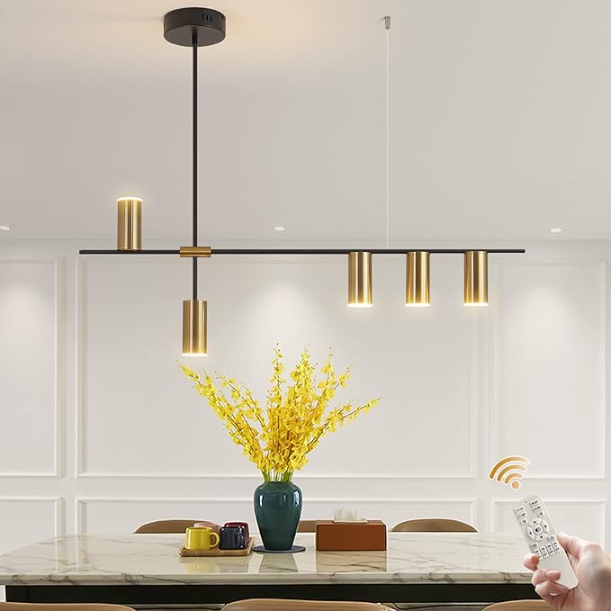 Siittoo Modern Kitchen Island Light with Remote, Dimmable LED Linear Pendant Light, 39.3" Black Gold Dining Room Light Fixture Over Table (30W, 5-Light)