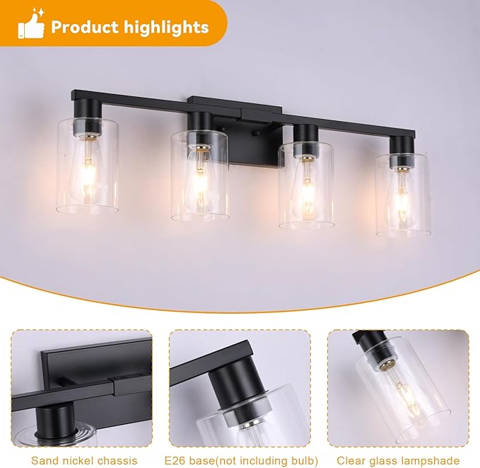 4 Light Bathroom Light Fixtures Black, 28" Vanity Lights Rust Proof Moisture-proof Easy to Clean with Clear Glass for Living Room Cabinet Bedroom Porch for Bathroom Lighting Fixtures over Mirror