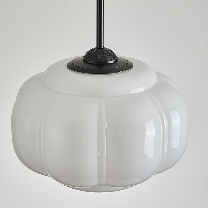 Milk Glass Ceiling Light Fixture, 15" Vintage Scallop Semi Flush Mount Pendant Light, Schoolhouse Light Fixture - Antique Chandelier for Kitchen, Hallway, Dining Room, White/Black