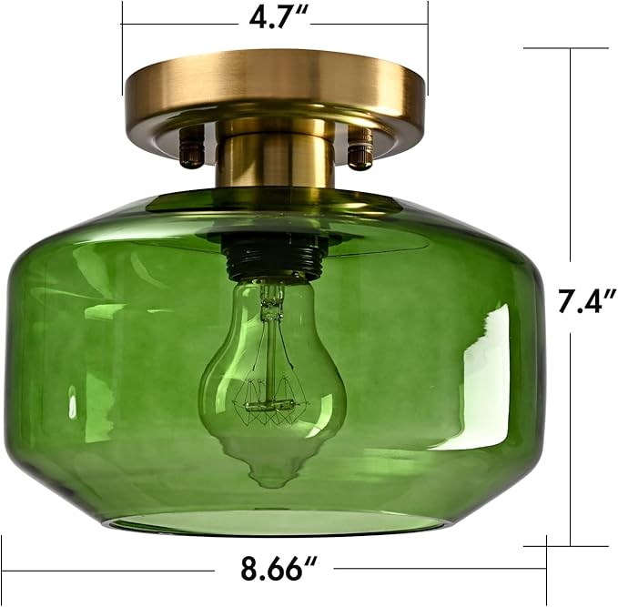 Vintage Semi Flush Mount Ceiling Light with Open Green Glass Shade Mid Century Modern Light Fixture for Living Room, Hallway, Bedroom