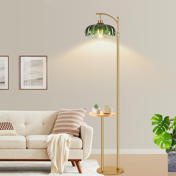 QIYIZM Glass Floor Lamp with Table and Shelves for Living Room Bedroom,Gold Standing Lamp with Remote Dimmable,Boho Brass Tall Lamp Vintage Farmhouse Arc Green Flower Floor Light Bohemian