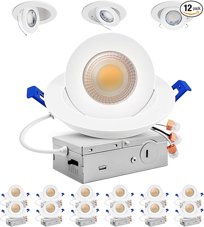 Adetu 4 inch Gimbal Led Recessed Lights, 360°+90° Adjustable Directional Recessed Lighting, 2700K/3000K/3500K/4000K/5000K Dimmable Retrofit Eyeball Can Lights with Jbox, ETL(White,12 Pack)