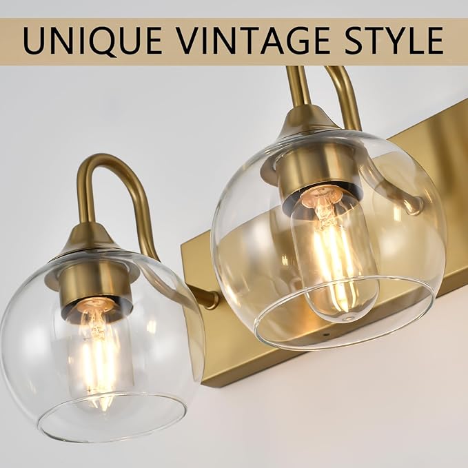 Bathroom Light Fixtures, 3-Light Brushed Gold Vanity Light Over Mirror, Modern Wall Sconces 21" with Clear Glass Globe Shade, Bathroom Wall Lights for Mirror Kitchen Bedroom Hallway