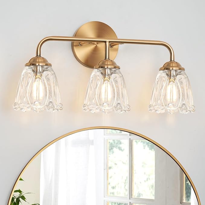 Daunton 3-Light Bathroom Vanity Light Gold, Vintage Vanity Light Fixtures Over Mirror, Brass Bathroom Light with Flower Glass Shade, Art Deco Wall Sconce Lighting for Bedroom, Living Room