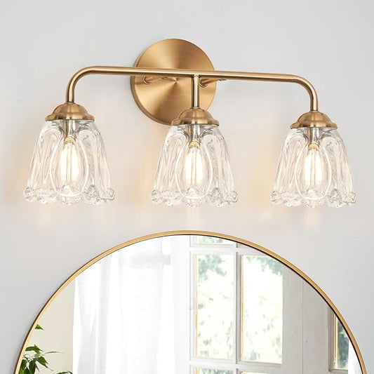 Daunton 3-Light Bathroom Vanity Light Gold, Vintage Vanity Light Fixtures Over Mirror, Brass Bathroom Light with Flower Glass Shade, Art Deco Wall Sconce Lighting for Bedroom, Living Room