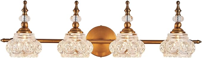 Vintage Vanity Light Fixtures, 4-Light Bathroom Lighting with Crystal Glass Lampshade, Matte Brushed Antique Brass Finish, Vanity Lights for Bathroom Bedroom Hallway