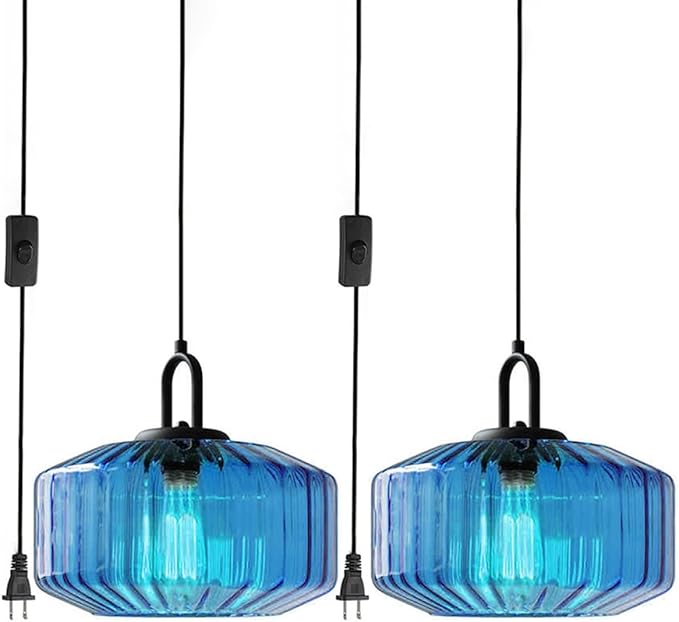 Plug in Glass Pendant Light Corded Pendant Light with Plug in Cord Large Glass Hanging Lamp Plug in Ceiling Pendant Lights Stripe Blue Light Fixtures for Kitchen Sink Living Room