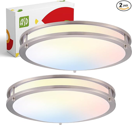 ASD LED 18" Round Flush Mount Lighting, Close to Ceiling Light Fixture | 3CCT, Dimmable, Energy Star, ETL Listed | 28W 2744LM 3000-5000K 100-277V | Low Profile Double Ring Lamp | Nickel